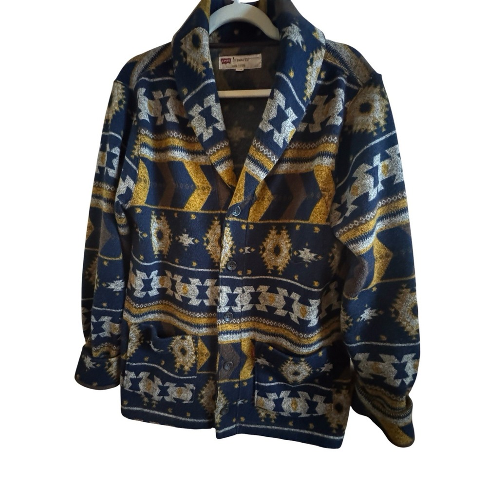 Levi's Mina Fleece Cardigan Men's L Blue Yellow Aztec Tribal Print Shawl Collar